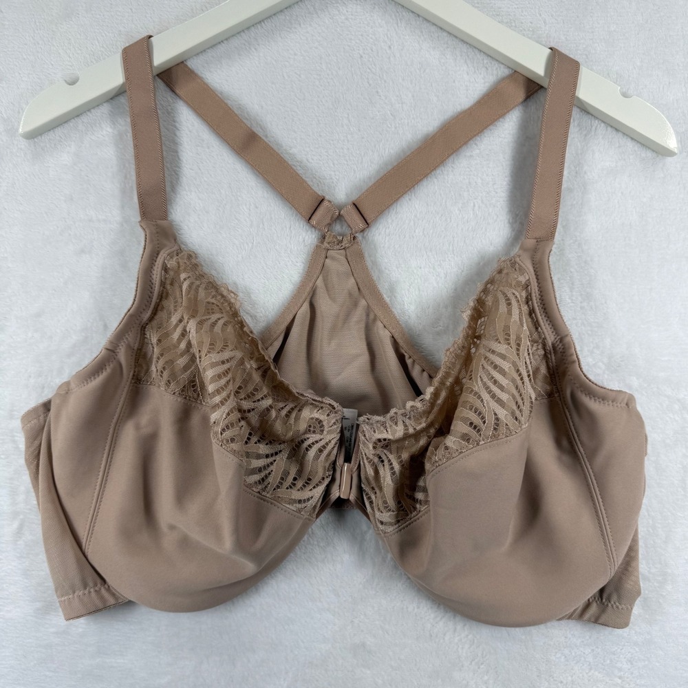 Glamorise 1246 Front Close‎ Lace T-Back Wonderwire Bra Cafe Nude 48D